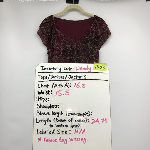 Burgundy Floral Chiffon flowy tunic scoop neck Short Sleeve Blouse size ~M - Picture 13 of 14